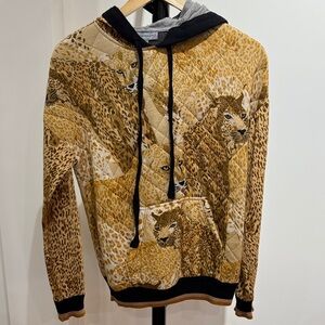 Men's Quilted Crewneck Hoodie Sweater in Golden Brown Leopard Print